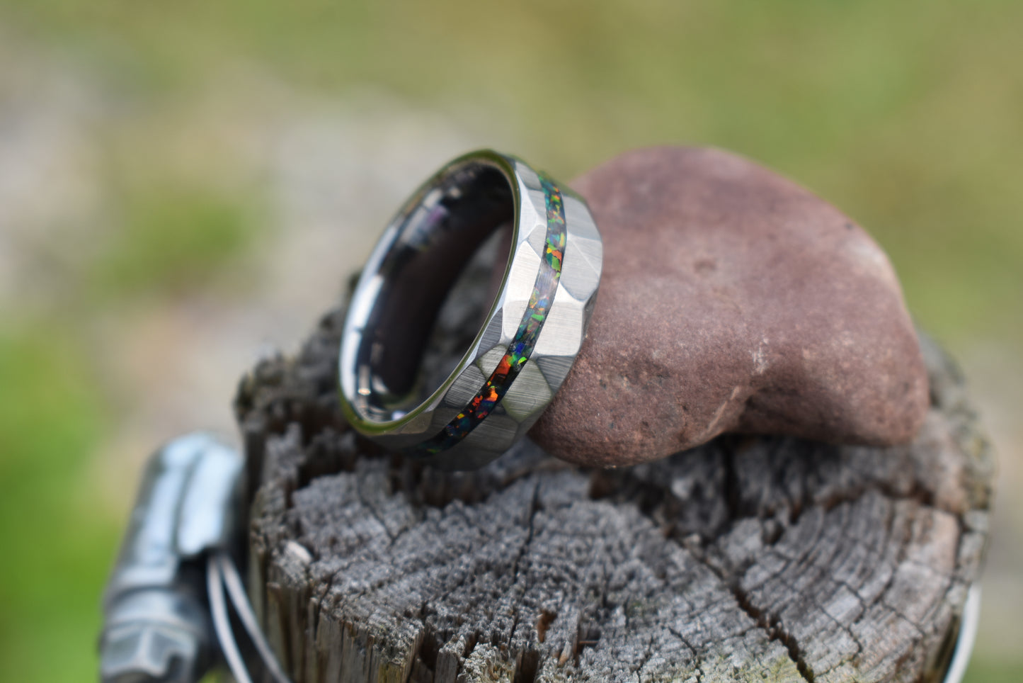 Hammered Tungsten Ring with Opal Inlay