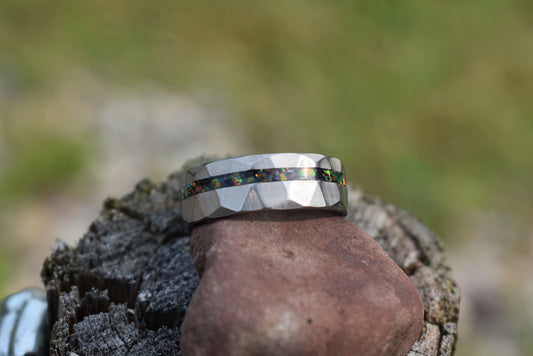 Hammered Tungsten Ring with Opal Inlay