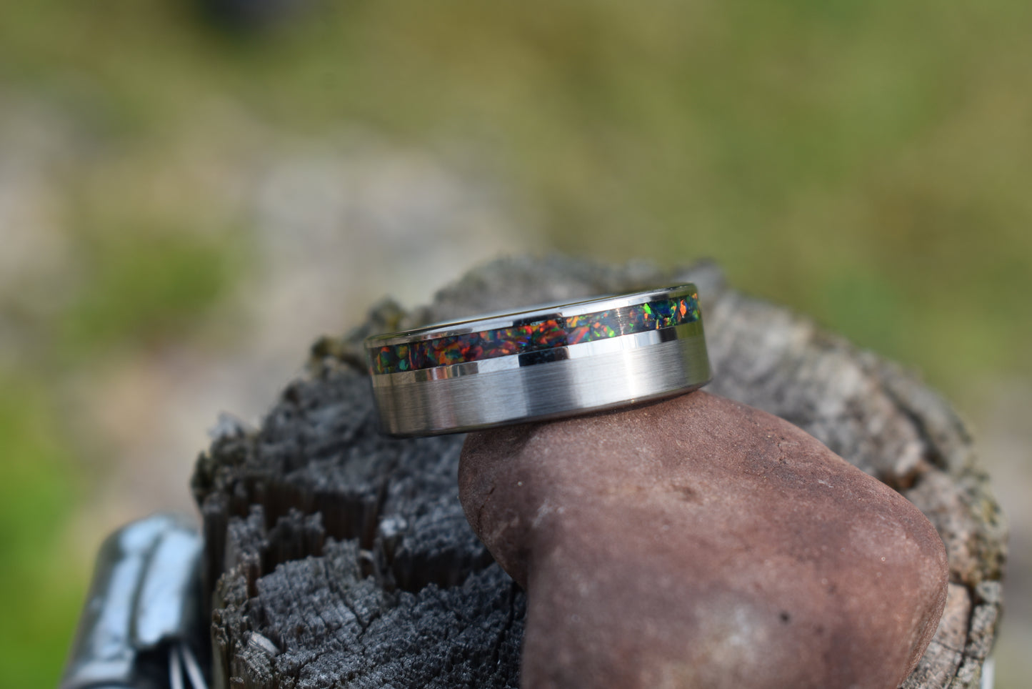 Tungsten Ring with Opal in Offset Channel