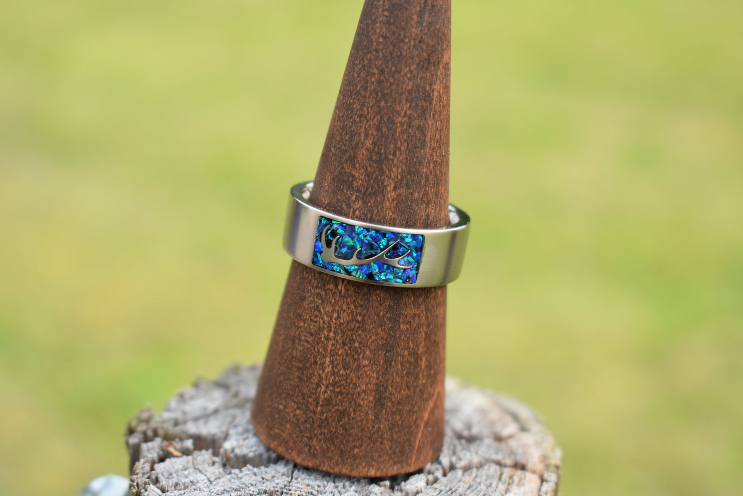 Titanium Ring with Elk Antler and Opal Inlay